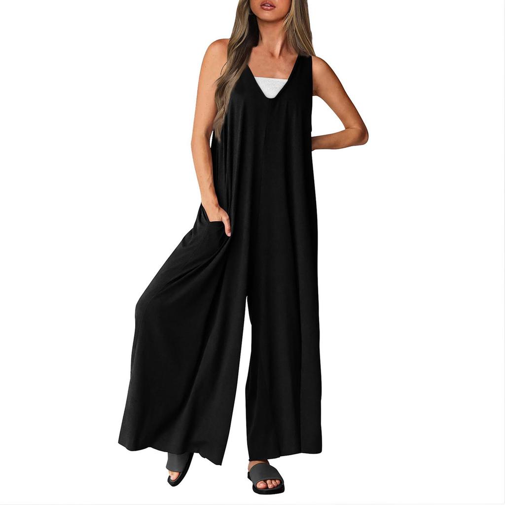 Damen-Overall, lässig, Sommer, lockerer Overall, ärmellos, Tank-Top, V-Ausschnitt, weites Bein, Overall, Damen-Arbeitskleidung, Overall