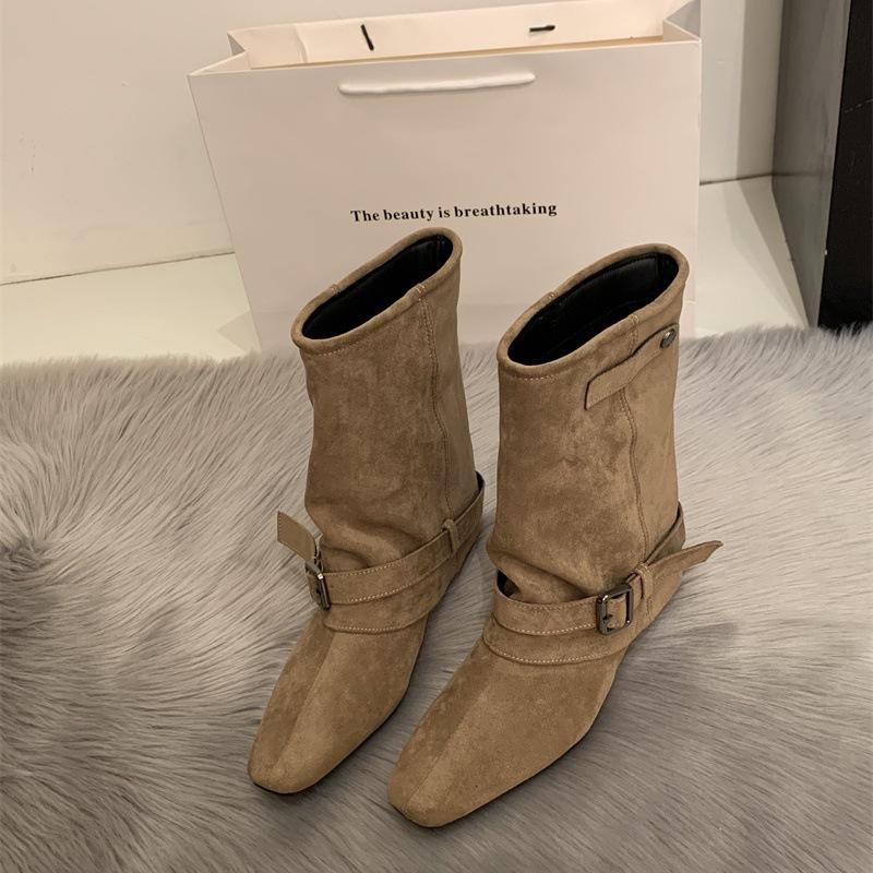 

Vintage Suede Khaki Short Boots Women s Boots French Boots Autumn Niche Design Western Pile Boots Knight Boots 39 хаки