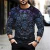 Round Neck 3D Aztec Graphic Printed Casual Long Sleeved Men's T-shirts - Soft Medium Stretch Polyester Fabric Spring and Autumn Relaxed Fit Clothing