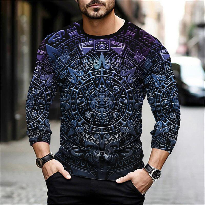 Round Neck 3D Aztec Graphic Printed Casual Long Sleeved Men's T-shirts - Soft Medium Stretch Polyester Fabric Spring and Autumn Relaxed Fit Clothing