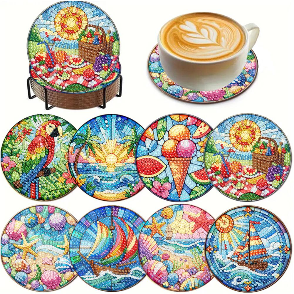 8Pcs Wooden Summer 5D Diamond Painting Kits DIY Coaster Diamond Dot Kits Round Diamond Art Coasters for Adults Beginners