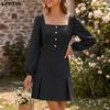 VONDA Women Square Neck Puff Long Sleeve Slim Waist Casual Solid Color Mini Dresses
