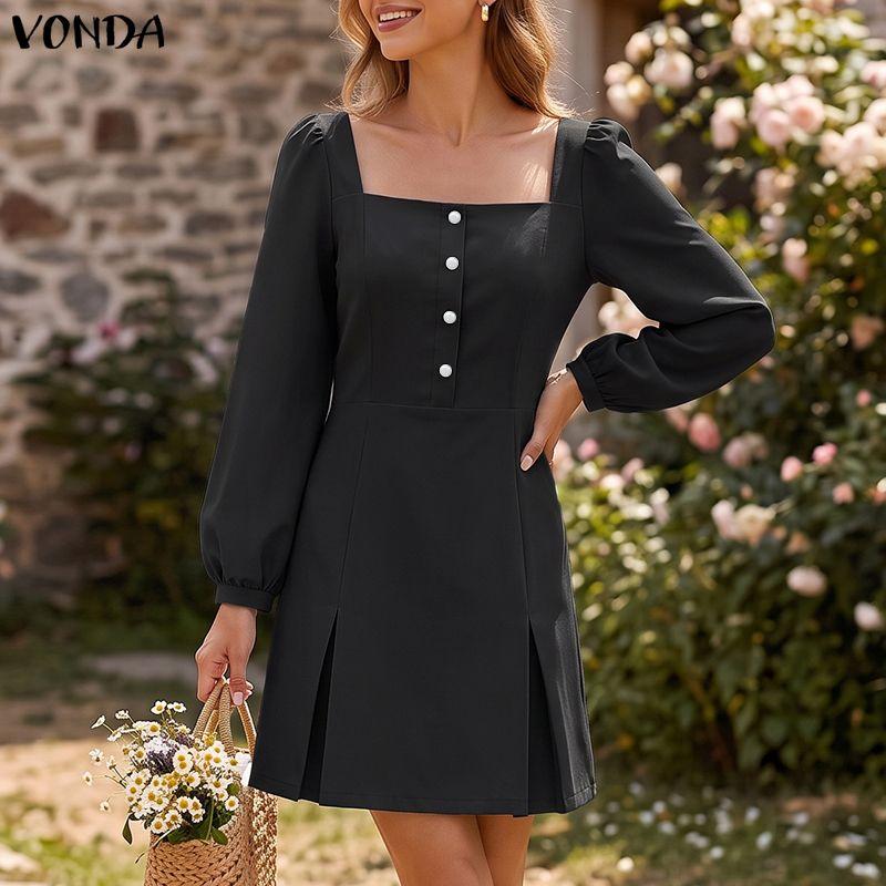 VONDA Women Square Neck Puff Long Sleeve Slim Waist Casual Solid Color Mini Dresses
