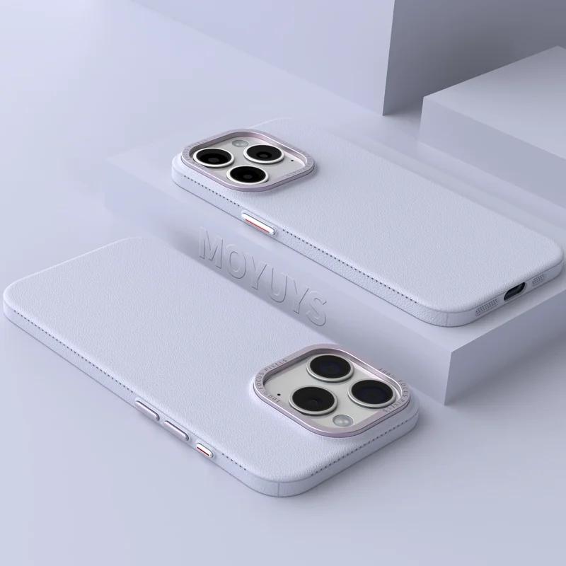 Luxury Metal Camera Protection Leather Texture Case for iPhone 15 14 Plus 13 12 16 Pro Max Soft Silicone Matte Shockproof Cover