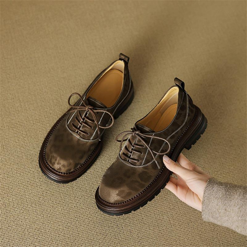 Fashion New Spring Genuine Leather Shoes for Women Fashion Leopard Print Round Toe Women Pumps Shoes Chunky Heels Loafers Platform Shoes
