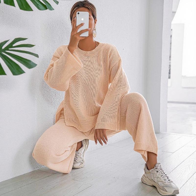 Women Loose Comfortable Solid Color Long Sleeve Sweater Wide Leg Pants Two Piece Loungewear Set