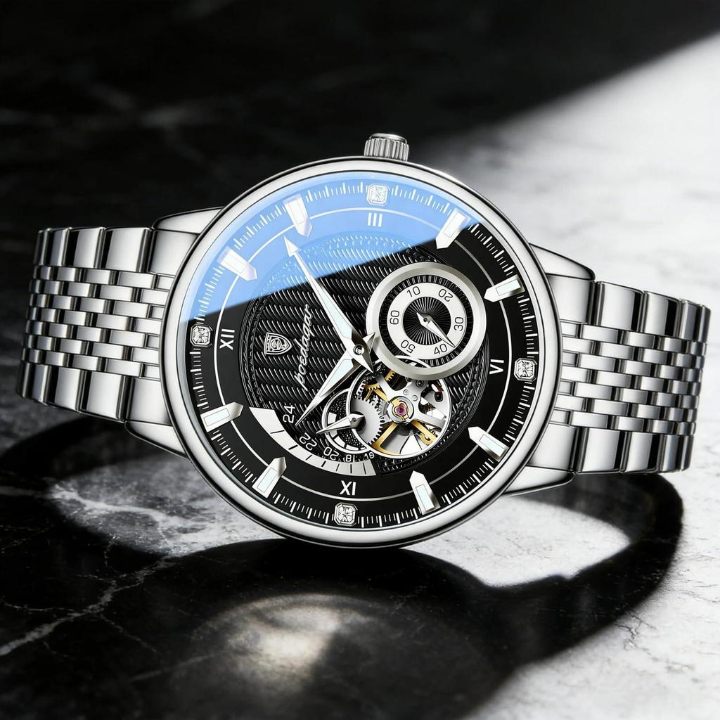 POEDAGAR Fashion Business Men Automatic Mechanical Watch Waterproof Luminous Hollow Tourbillon Male Clock Steel Strap Men's Watches