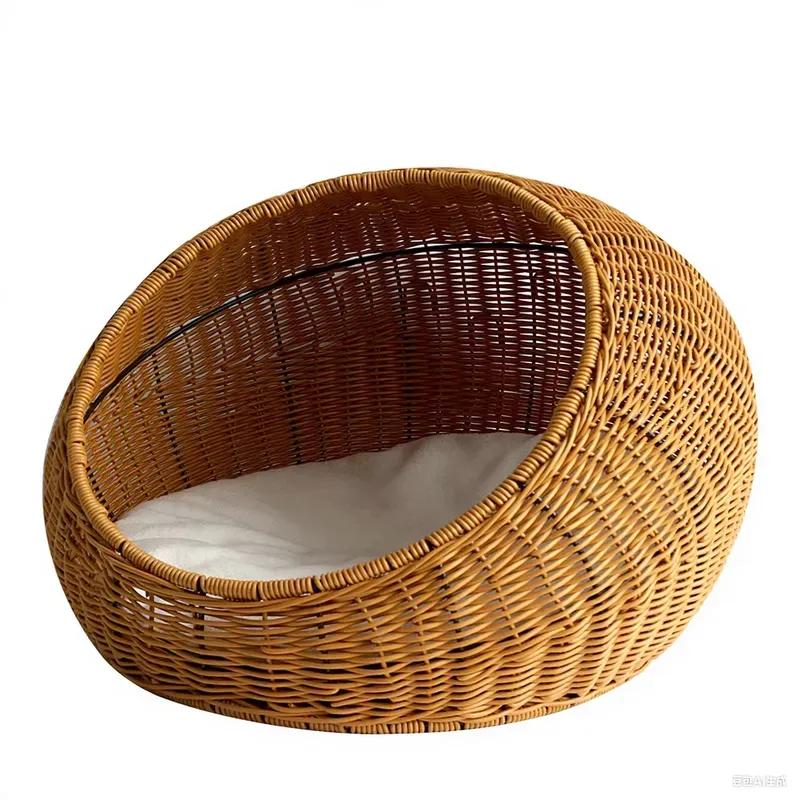 For Summer Cool Handwoven PP Plastic Rattan Resin Wicker Cat Dog Bed House Net Waterproof Cooling Oval Shape Woven Basket