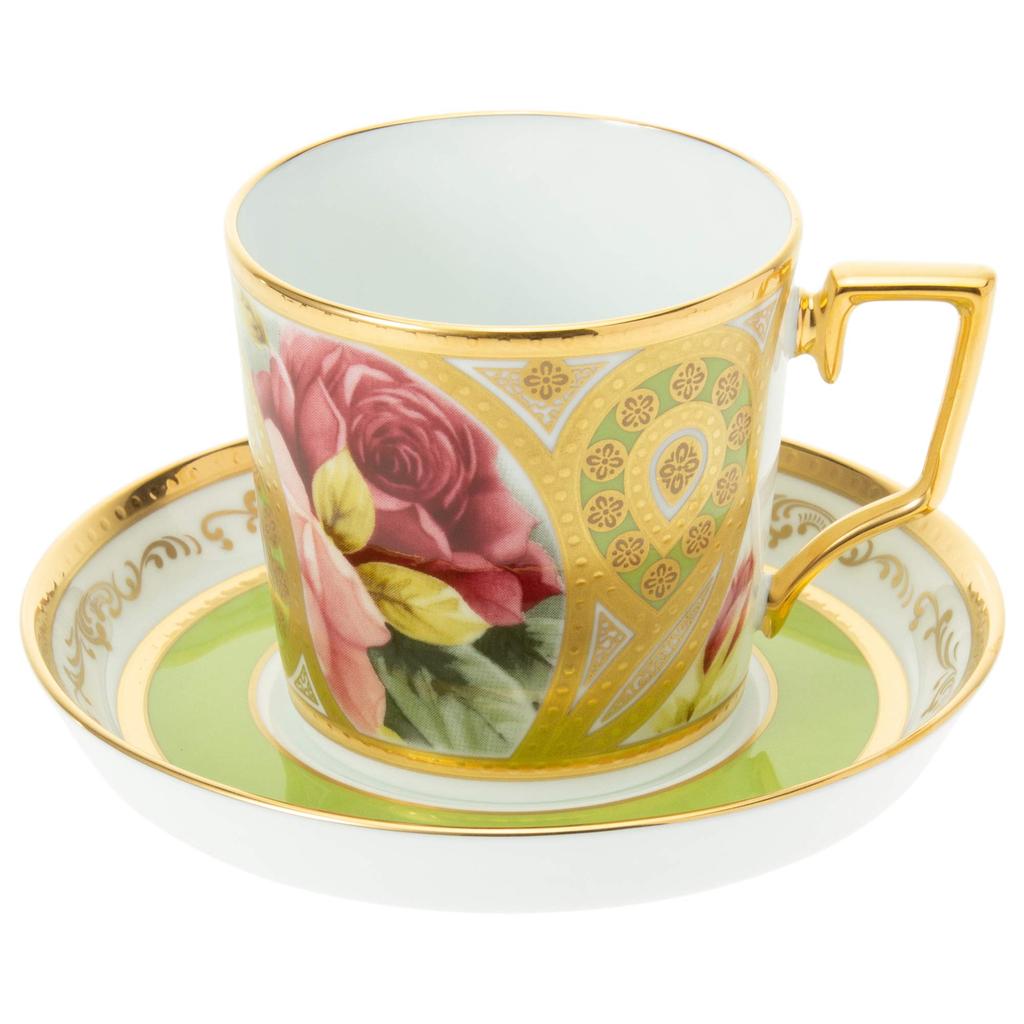 Noritake Coffee Cup & Saucer, 160cc, Homage Collection, Light Green Rose Design, Fine Porcelain (Premium White), T2402/H-770