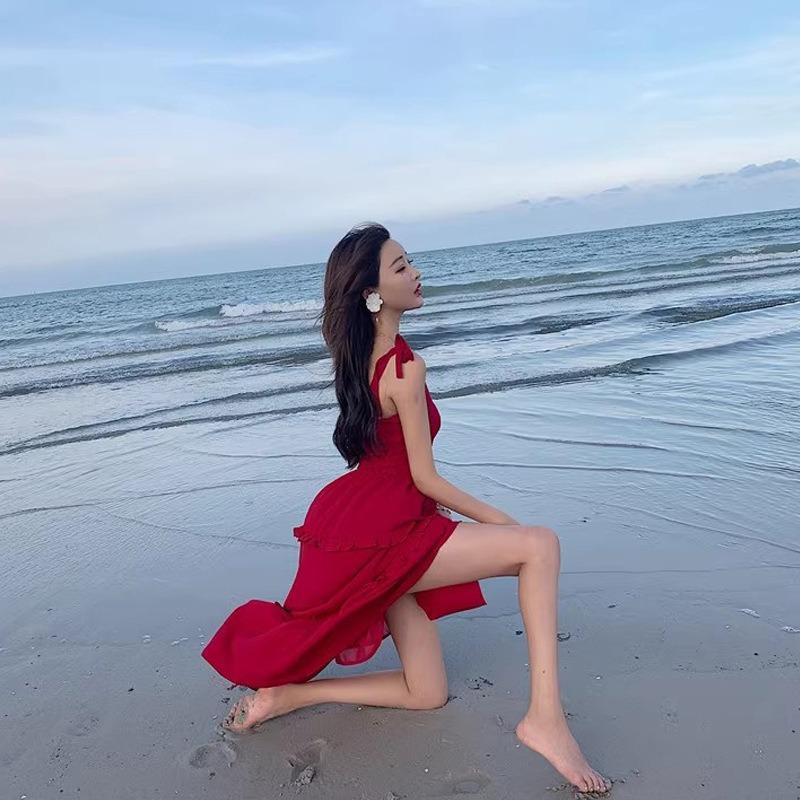 Seaside Vacation Red Suspender Dress for Women Xia Xin Super Fairy Long Dress Travel Suitable for Beach Dress