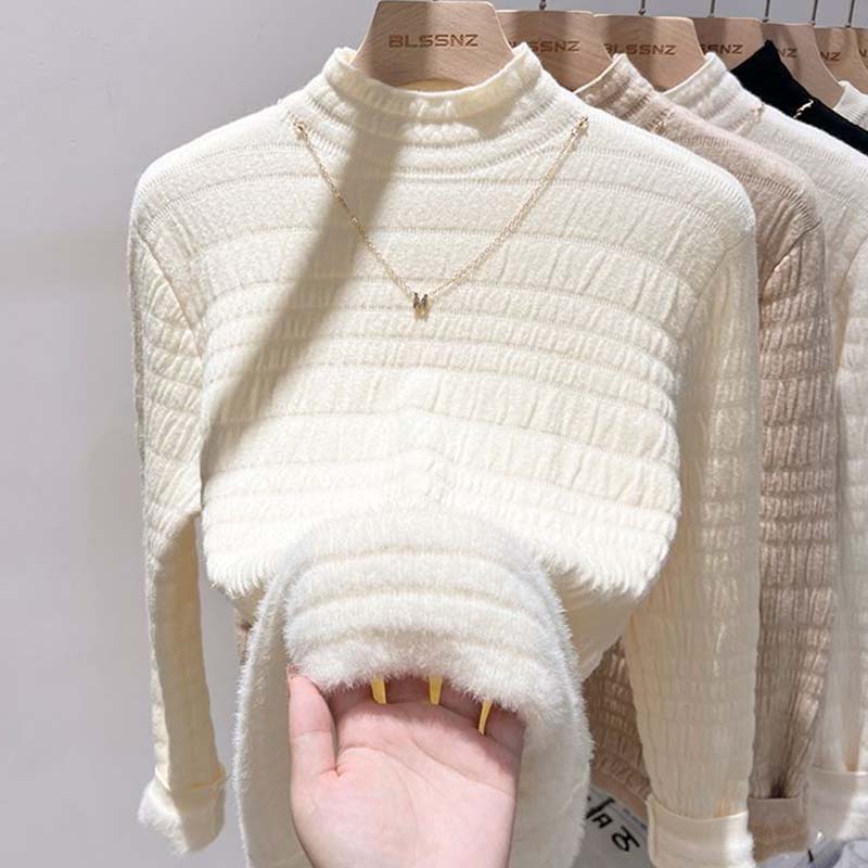 

Свитер для женщин Осень Зима Утепленный Теплый Вязаный Эластичный С длинным рукавом Водолазка Топы XXXXL бежевый