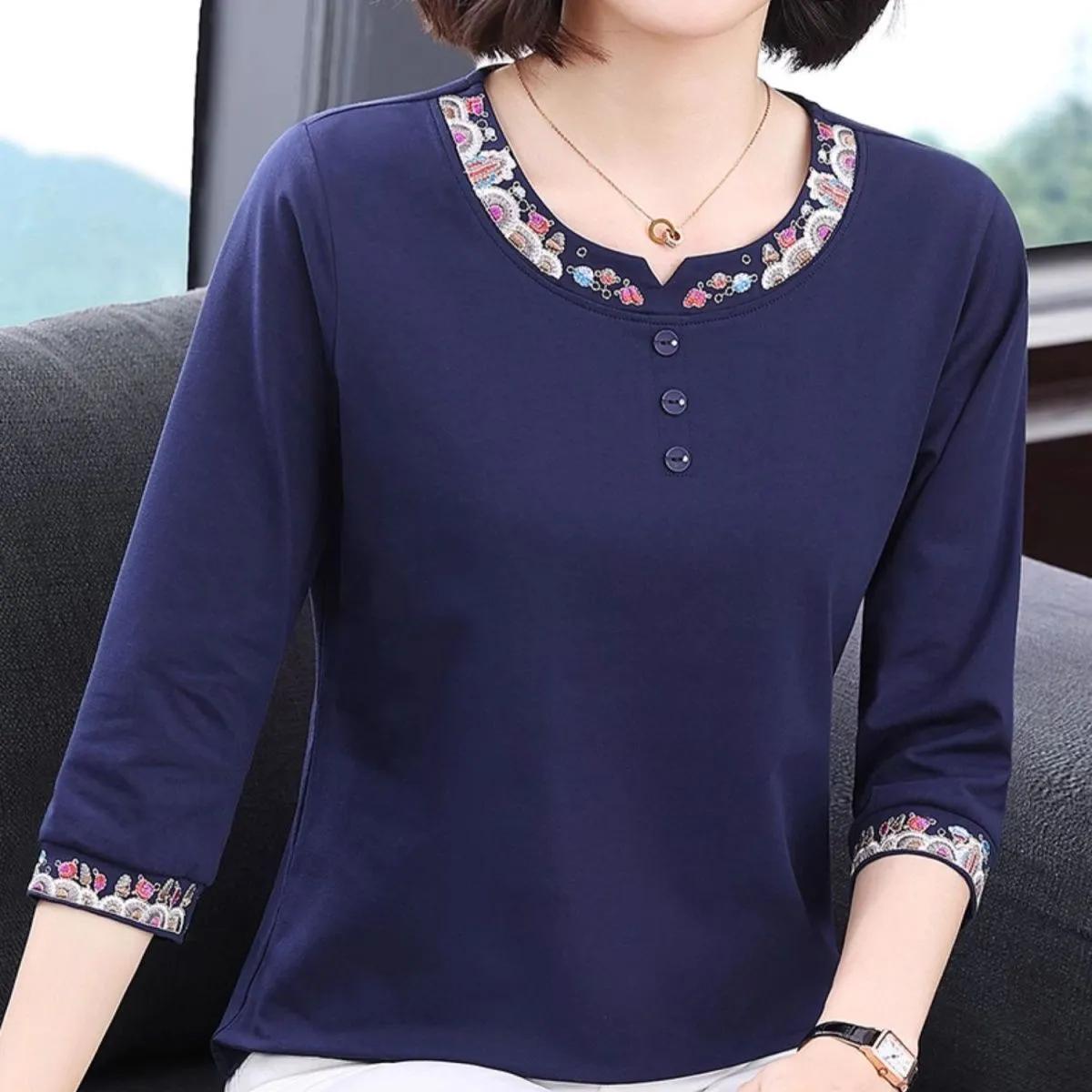 

Женская ретро футболка со средним рукавом и вышивкой для среднего возраста, удобные повседневные топы 3XL темно-синий