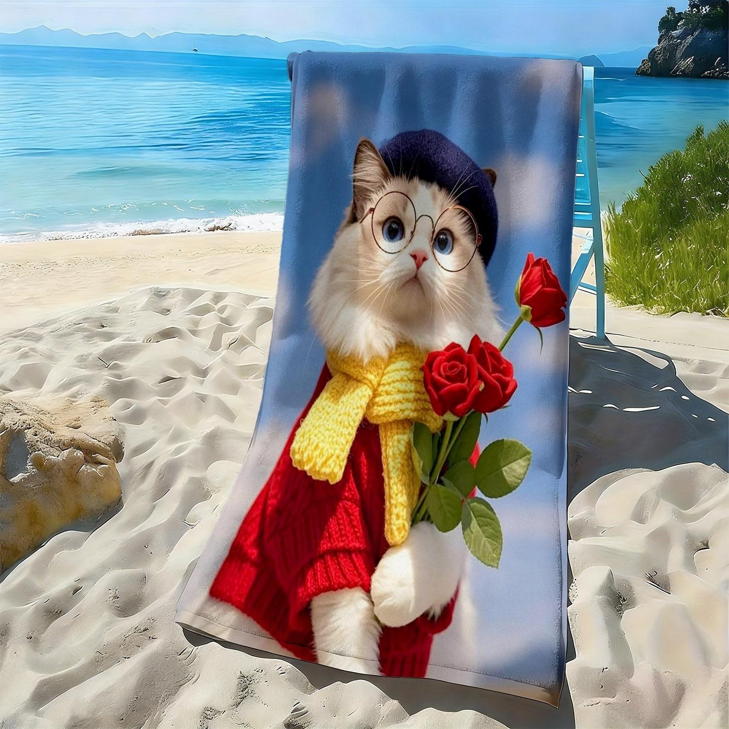 

Cat and Rose Fashion Elements Pattern polyester microfiber beach towel is highly absorbent, suitable swimming and beach outings W40*H60(CM)