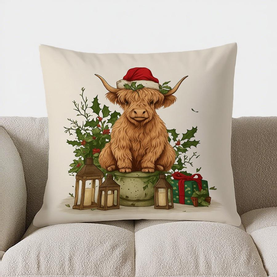 Home Decor Festive Highland Cow Christmas Pillow Cover Pattern Cushion Cover Suitable For Sofa Bedroom Car Pillow Cover