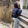 Winter versatile navy blue hooded fur collar short cotton-padded jacket women's new warm thickened down cotton-padded jacket