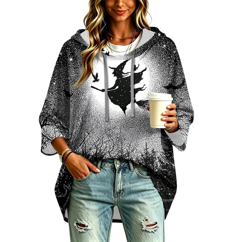 Women's Fashionable Three-Quarter-Sleeve Halloween-Printed Hooded Pullover