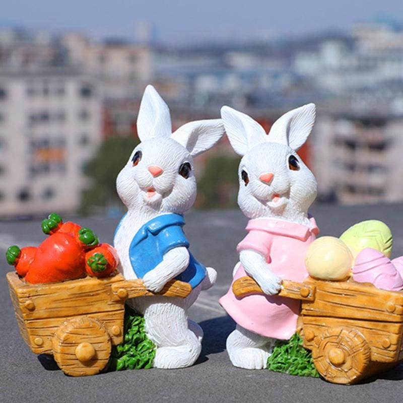 2Pcs Easters Bunnies Sculptures Resins Animal Ornaments Rabbit with Cart Figurines for Balconies Patios or Home Decors
