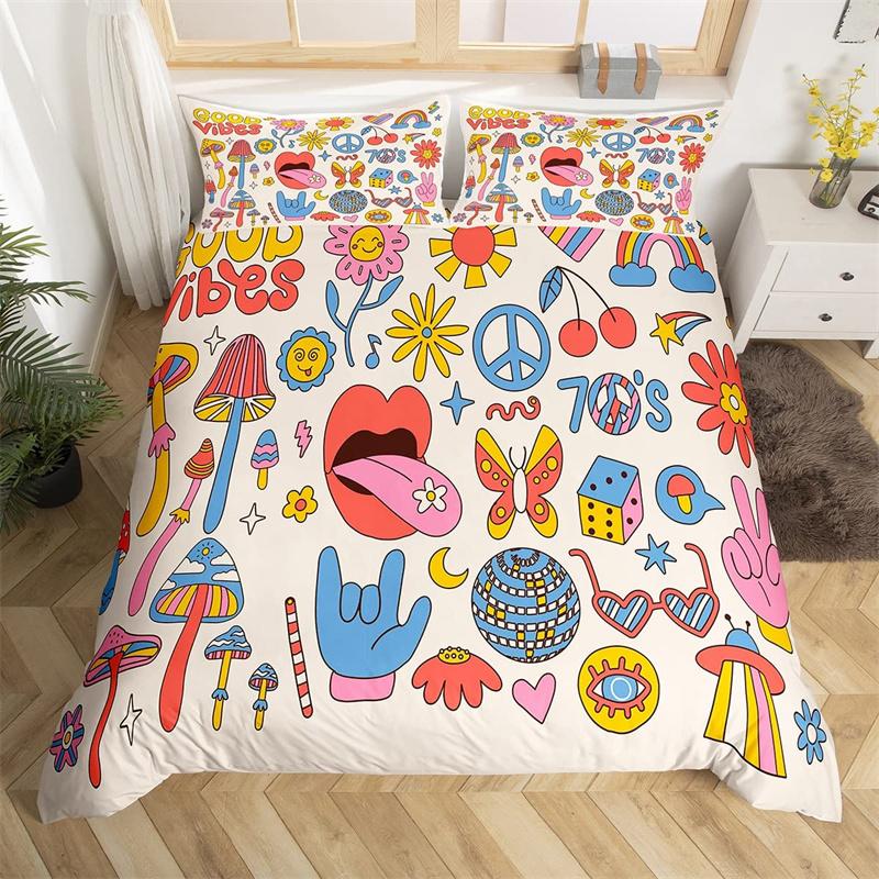 Retro Hippie Flower Duvet Cover Rainbow Floral Bedding Set Polyester Cartoon Ghost Comforter Cover Set 60S 70S Groovy Bedclothes