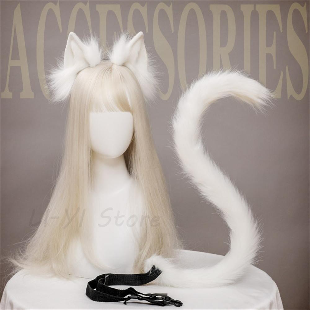 2Pcs/Set Plush Cat Ears Tail Set Realistic Lolita Headband Cat Tail Cosplay Props Hand-Made Simulation Animal Ears