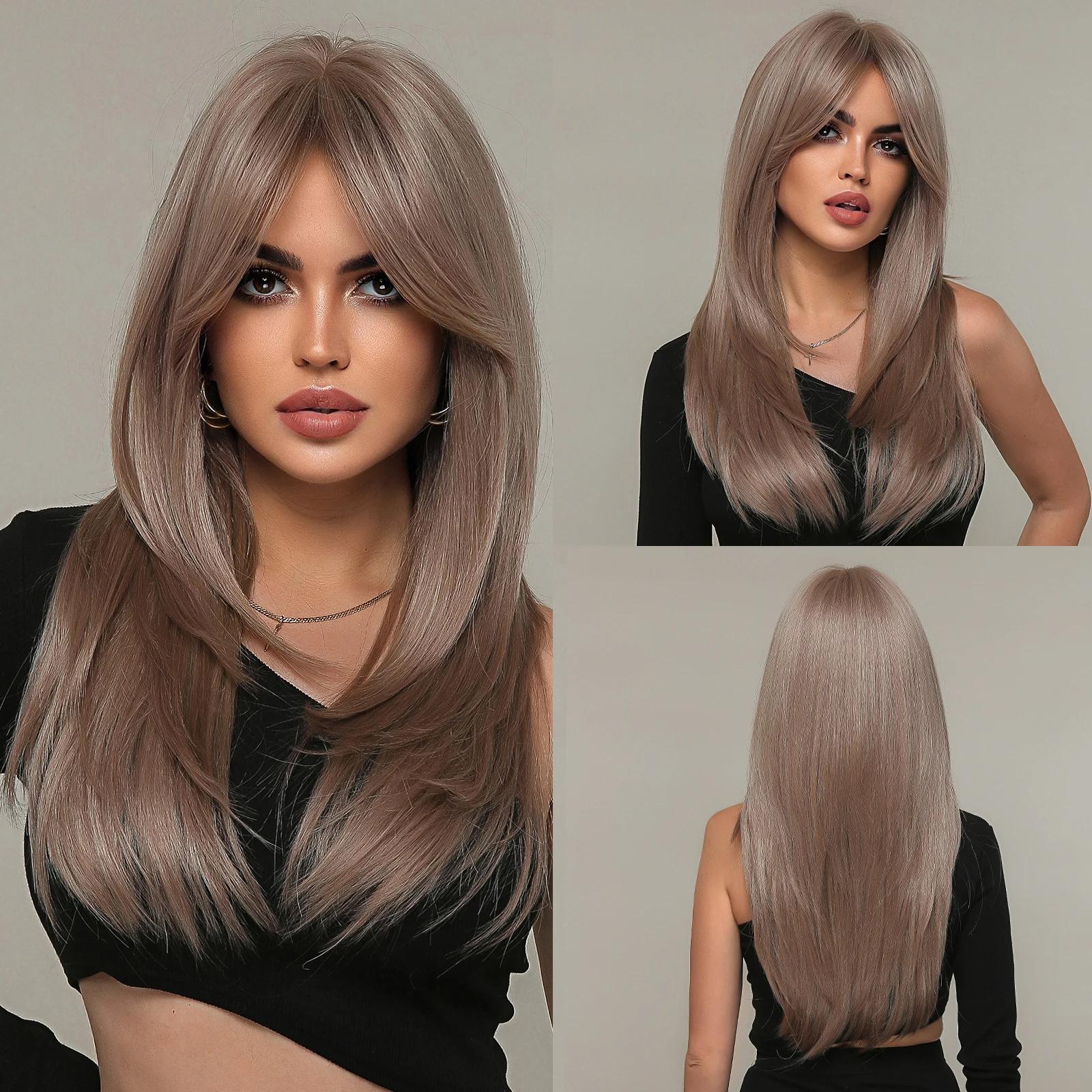 

LOUIS FERRE Ombre Длинные прямые волосы от темно-коричневого до светло-серого цвета с челкой, натуральный многослойный серебристо-серый парик для женщин, повседневный косплей