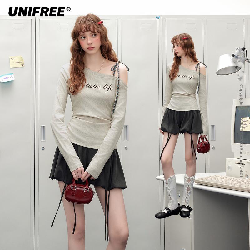 UNIFREE American Retro Letter Print Off-Shoulder T-Shirt One Size