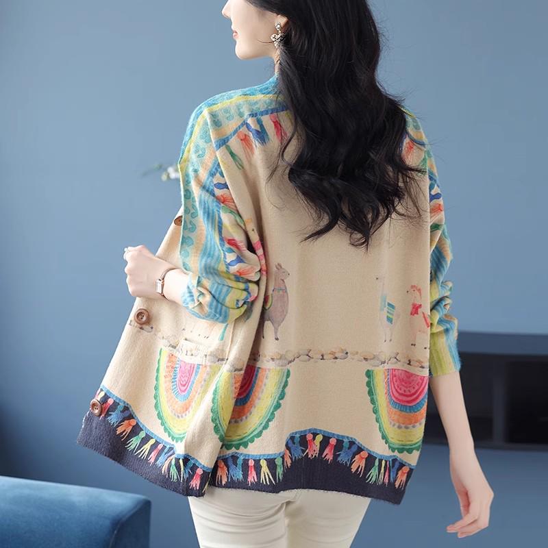 2024 Autumn/Winter V-Neck Mink Velvet Printed Loose Casual Single-breasted Coat