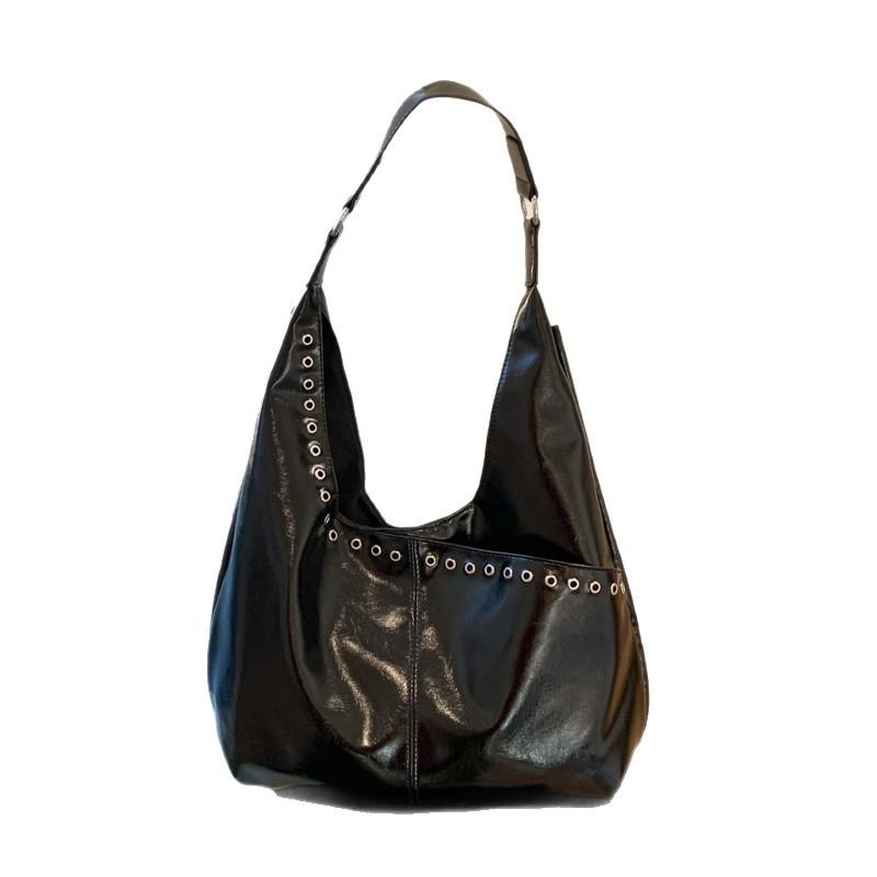 Studded Leather Hobo Bag with Open Top Design Large Capacity Fashion Shoulder Bag