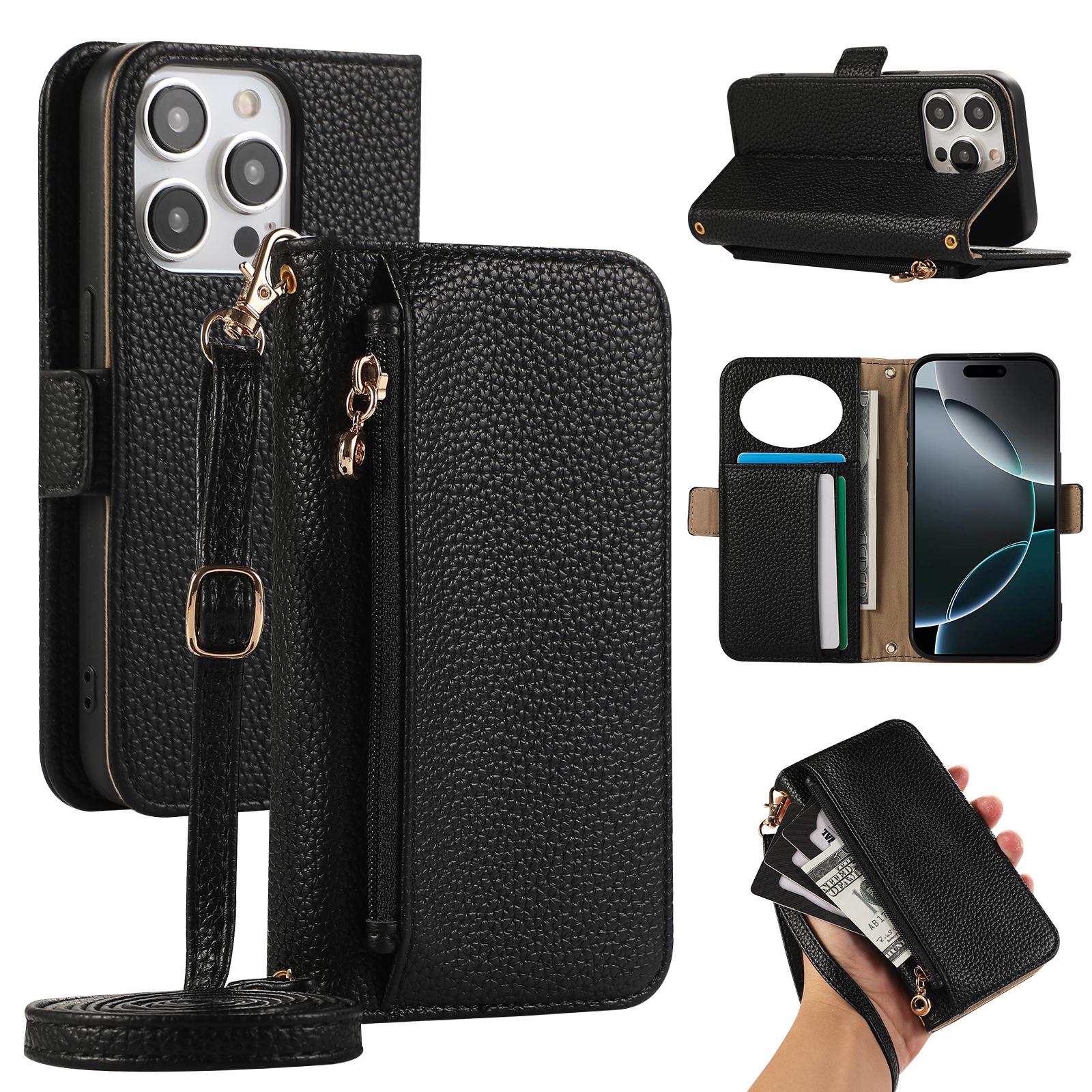 

For iPhone 14 Pro Max Wallet Phone Case Shockproof TPU+PU Leather Flip Cover with Mirror,Strap Black