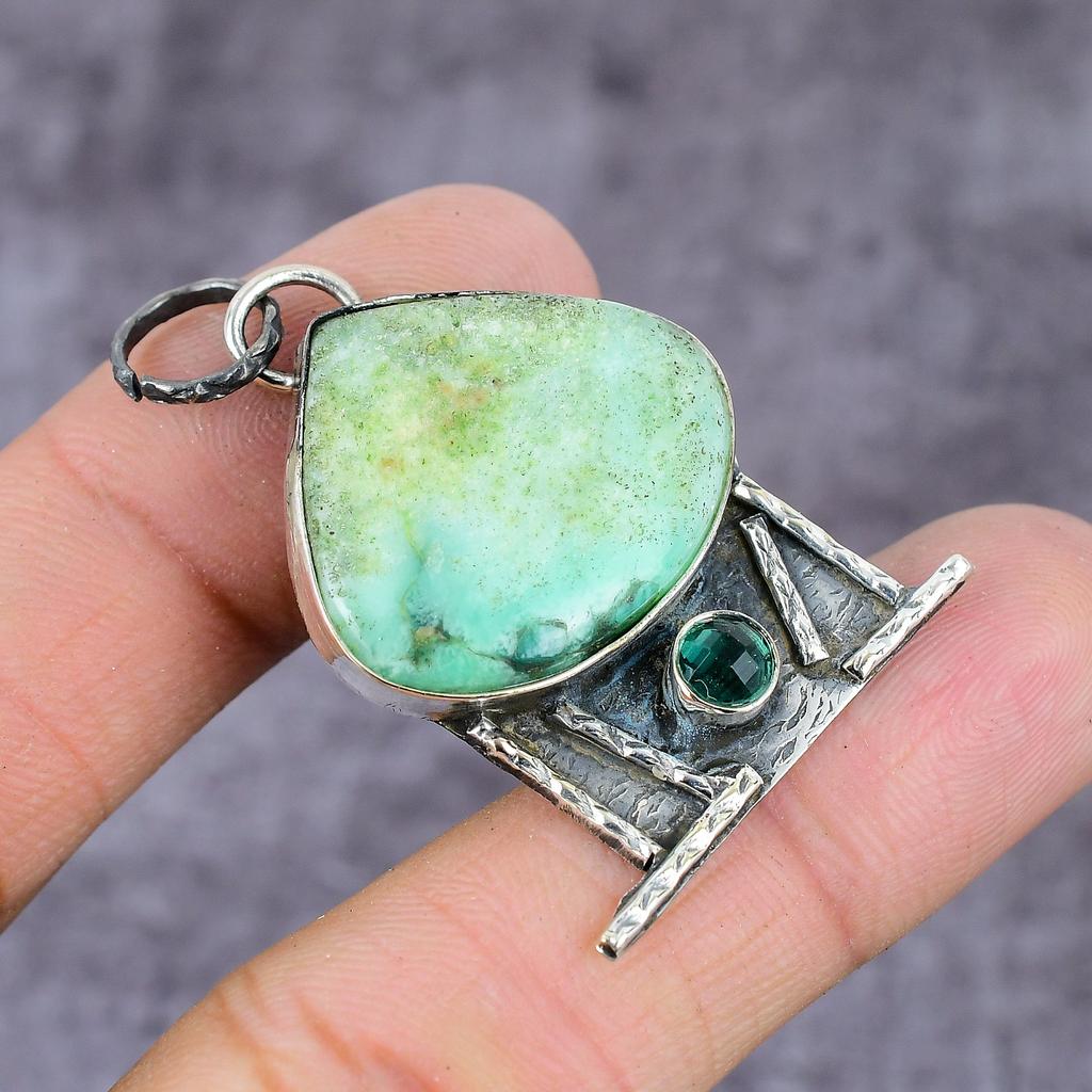 Chrysoprase, Green Jade Handmade 925 Sterling Silver Pendant 2.25" v7P94