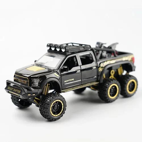 QYCI4 1/32 Ford Raptor F150 Внедорожник 6x6 Пикап Подвеска Большие Колеса Литая Сплавная Модель Автомобиля Детский Игрушечный Грузовик Подарок Мальчику