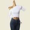 Blue Diagonal Collar One Shoulder Knitting Short Sleeve T-shirt Female French Style Design Silm Slimming Short Top Fall Base