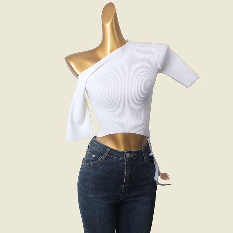 Blue Diagonal Collar One Shoulder Knitting Short Sleeve T-shirt Female French Style Design Silm Slimming Short Top Fall Base