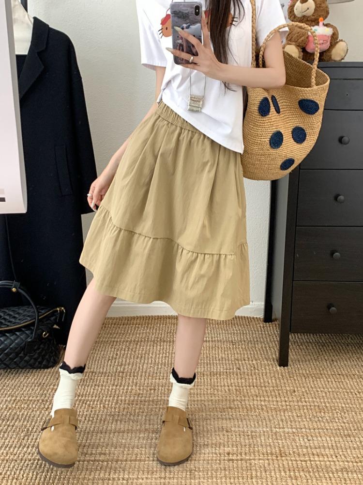 Academic-style Khaki Casual All-match Versatile Skirt for Spring Design-driven Age-defying Pure Cotton Pocket Midi Skirt with A-line Silhouette