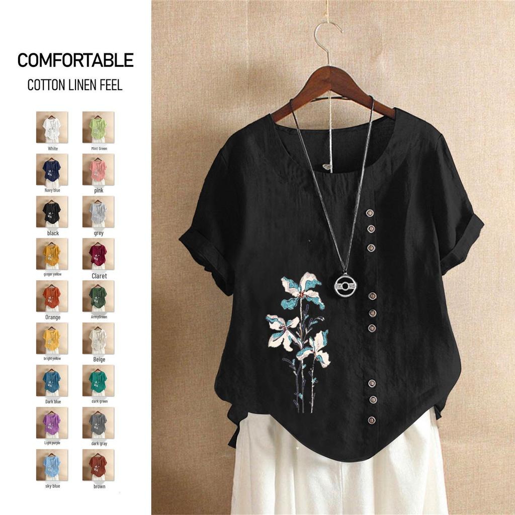 2025 Sommer Retro Übergröße Lässig Locker Baumwolle Leinen Kurzarm Pullover T-Shirt für Damen