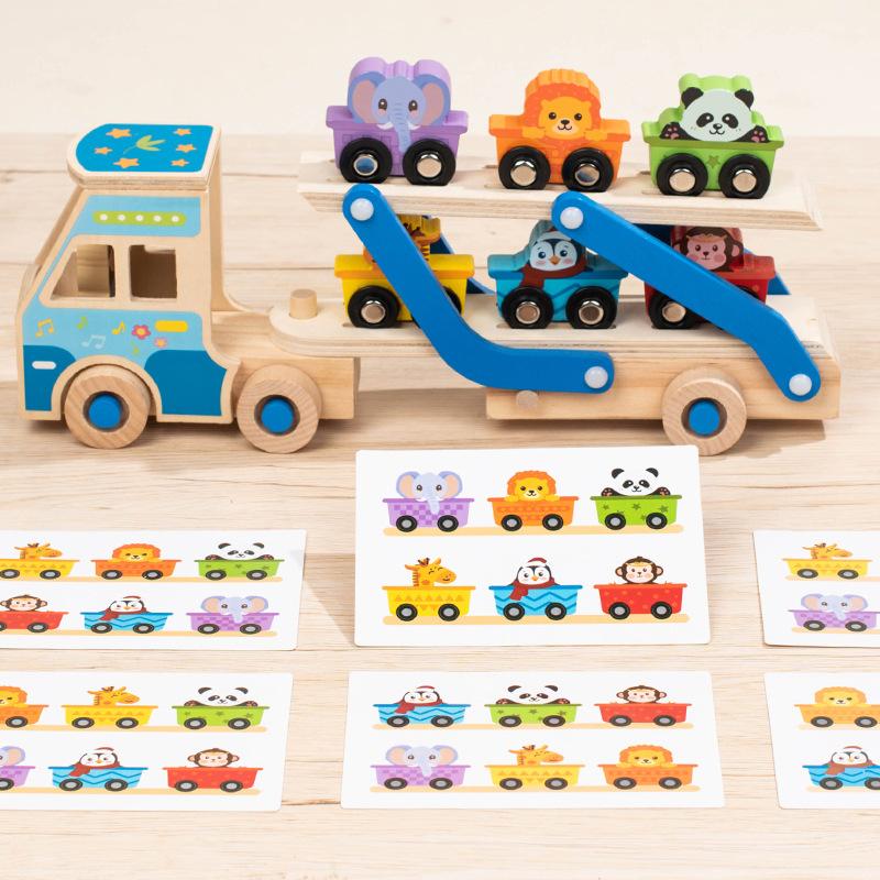 Wooden Double-Decker Truck Toddlers Cars Toys Train Montessori Kindergarten Animal Food Matching Early Educational Game 2-6years