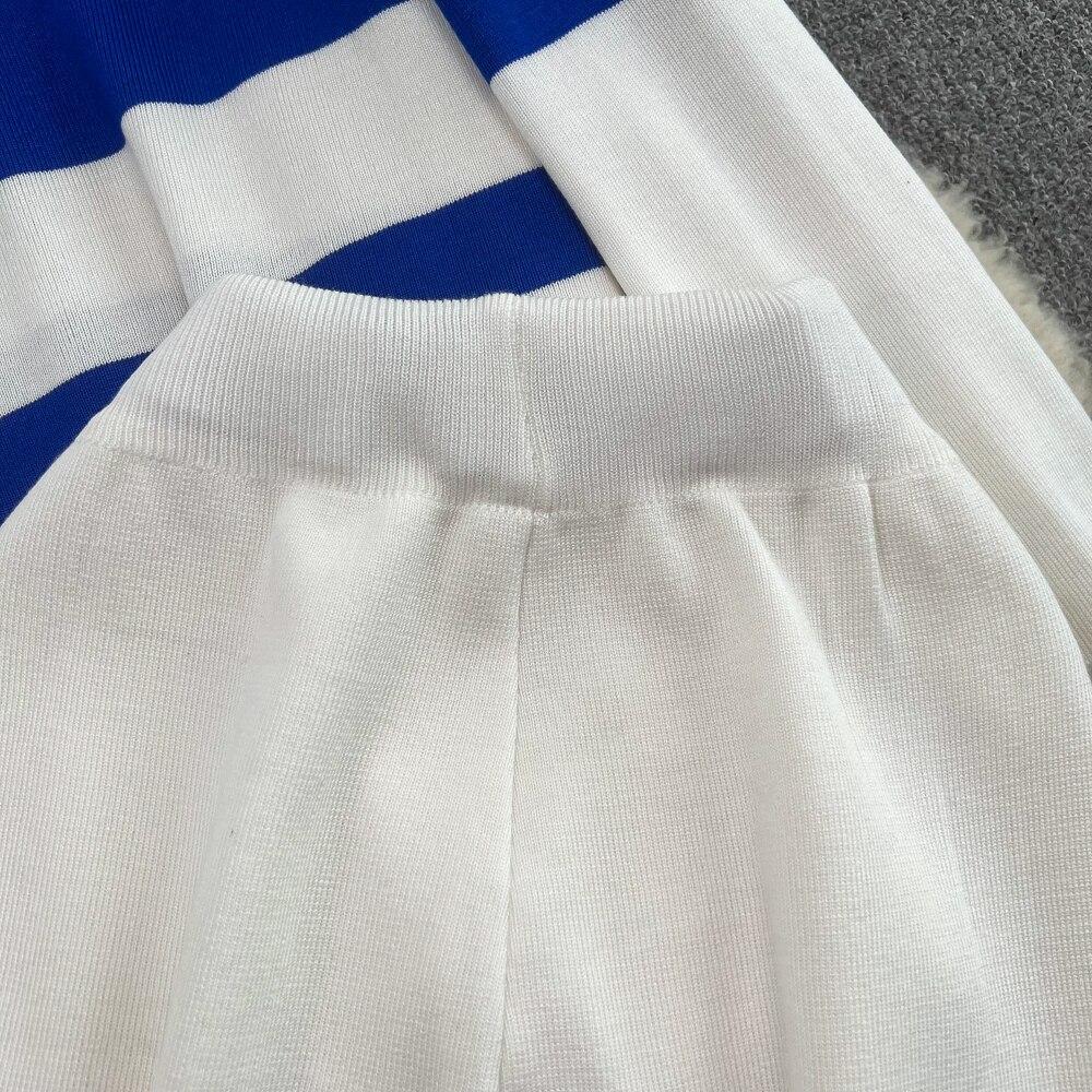 Modny garnitur damski na co dzień ze stójką i zamkiem błyskawicznym w paski, dzianinowy top dwuczęściowy zestaw z wysokim stanem, prostymi rurkami, długimi spodniami z szerokimi nogawkami