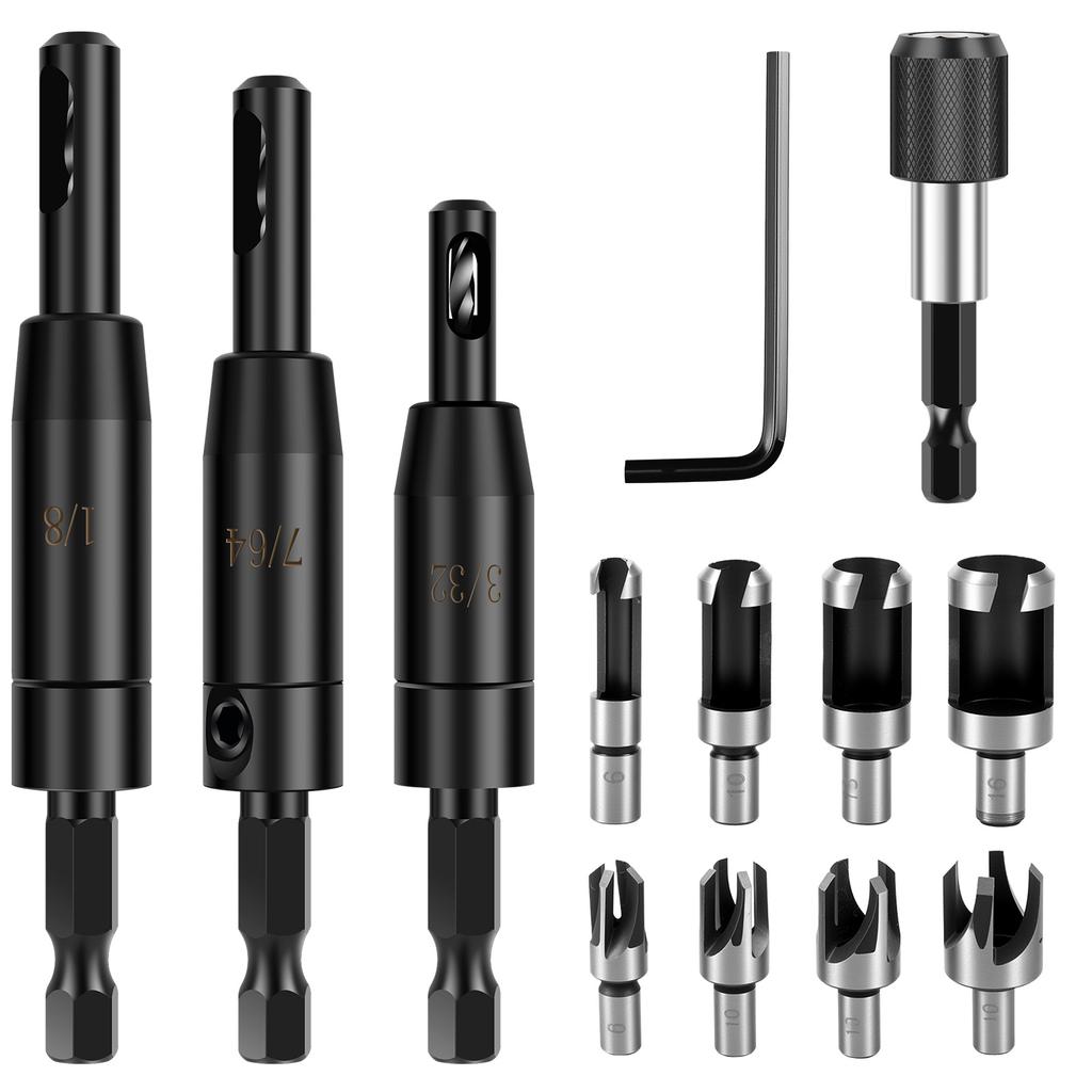 Self Centering Hinge Drill Bit Set with 10 Twist Drill Bits 1/4” Quick Change Hinge Center Drill Bits Hex Key for Woodworking