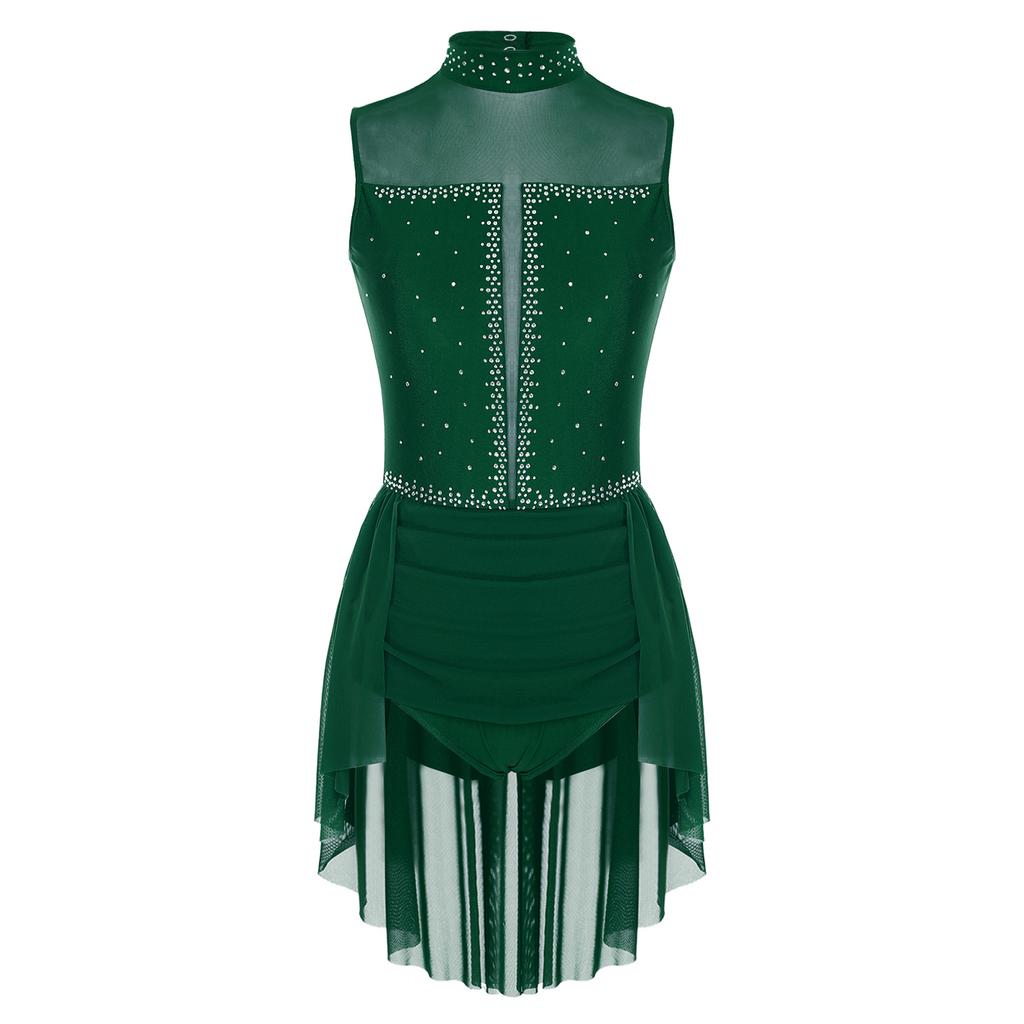 Damen Tanz Performance Body Ärmellos Rückenfreier Stil Transparenter Mesh Patchwork Glitzernde Strasssteine Kostüm