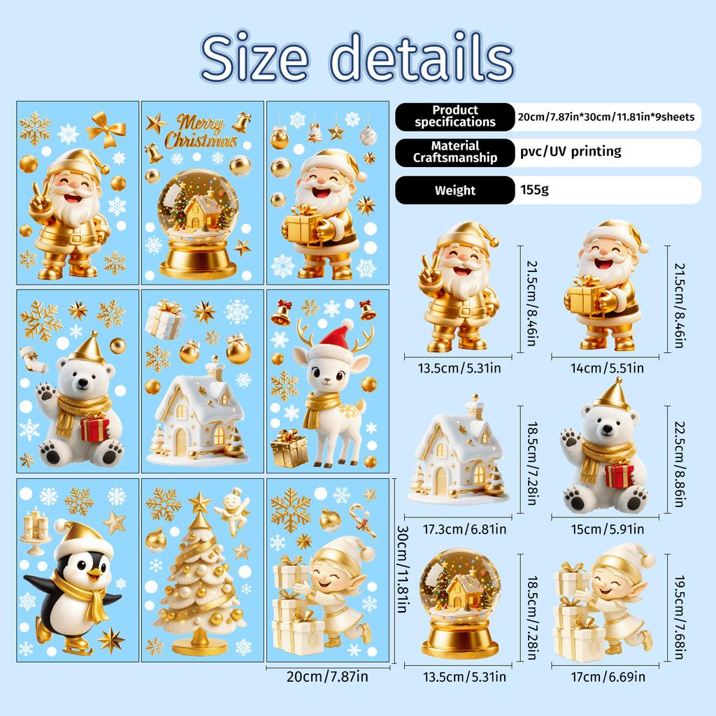 Christmas Window Clings, PVC Static Double-Sided Stickers with Snowflakes and Winter Character Designs for Glass Decor