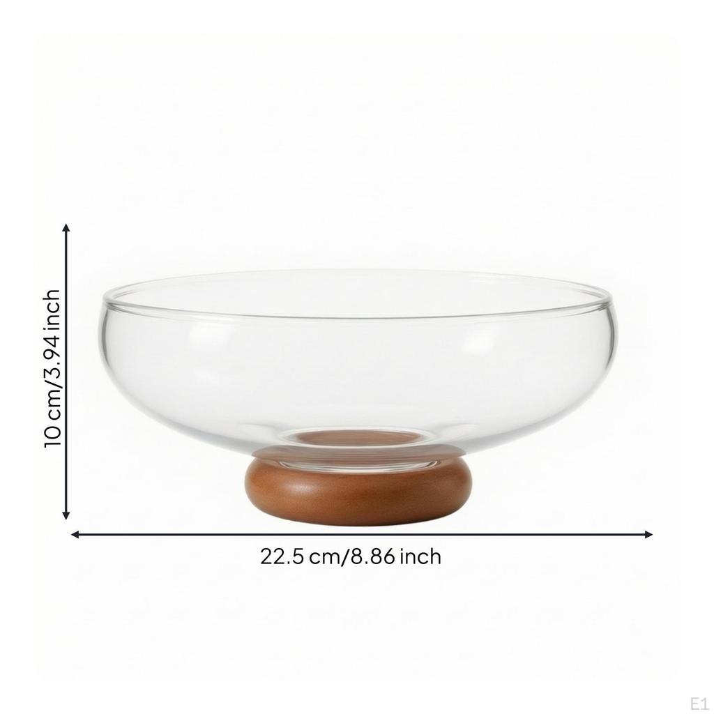 Glass Fruit Bowl with Wooden Pedestal Decorative Transparent