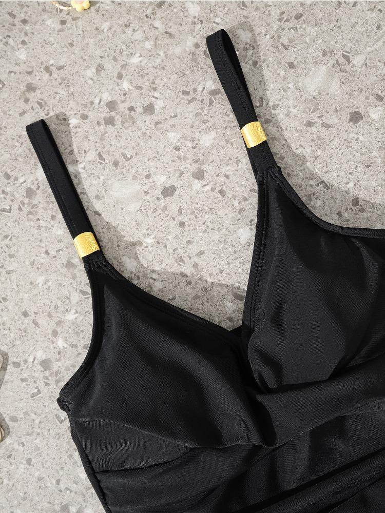 Solid Color V Neck Skirt Pants One Piece Slim Fit Sexy Bikini Swimsuit Women Fashion Beach Vacation Elegant Bathing Suit