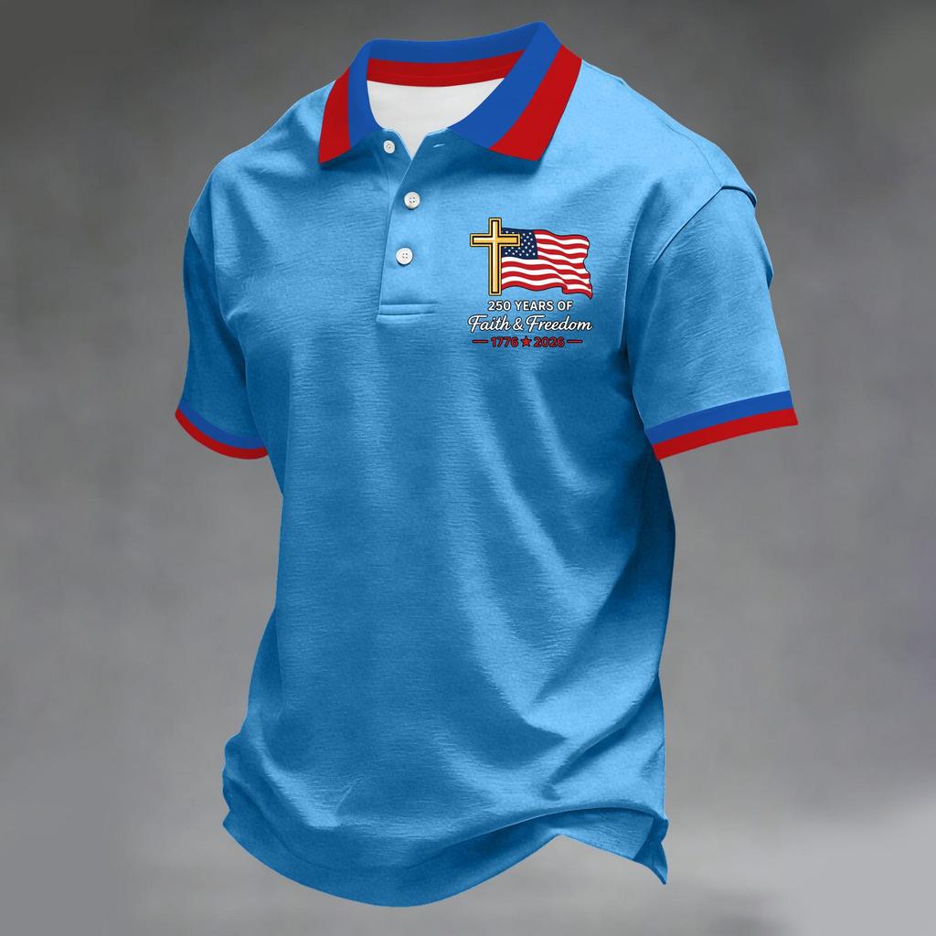 Herren Kurzarm-Polohemd mit Flaggen-Patch und Stickerei Klassische Passform Komfortables Design