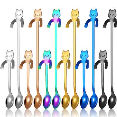 12Pcs Cat Spoon Coffee Tea Spoon Set Stainless Steel Hanging Cup Teaspoons Mini Long Cute Kitten Stirring Spoon