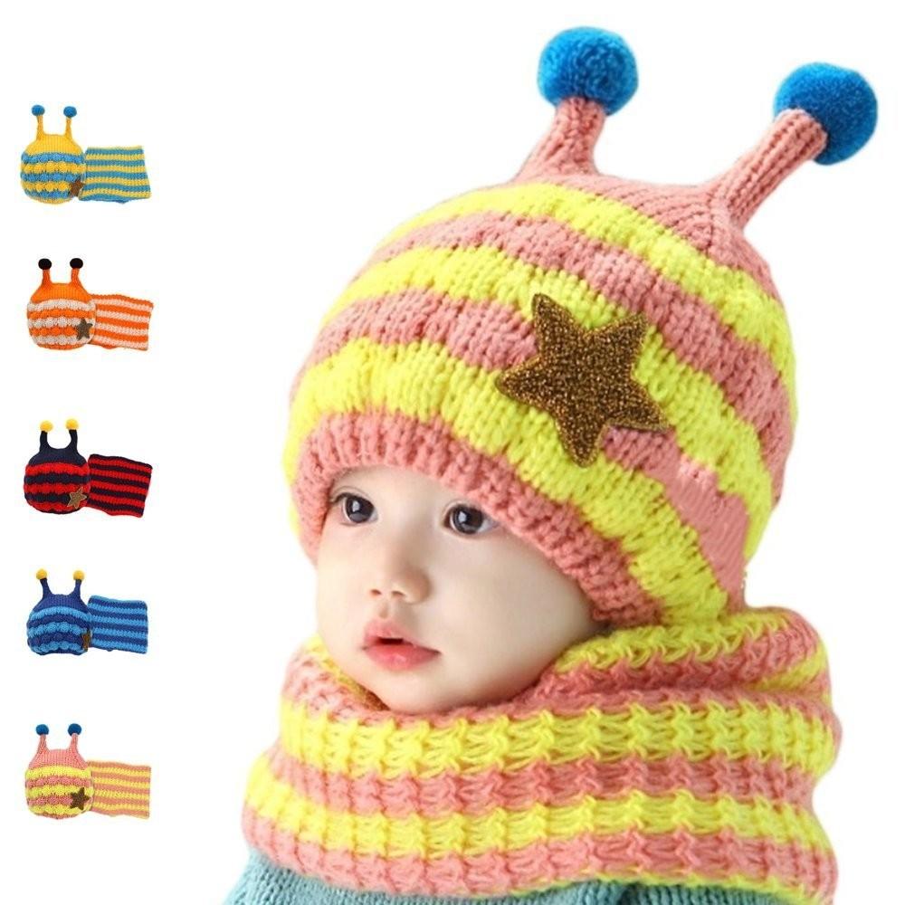 Winter Kids Hat With Plush Ear Protection Big Five-pointed Star Hat Scarf Set Striped Woolen Material Blue Yellow Orange Red Pink