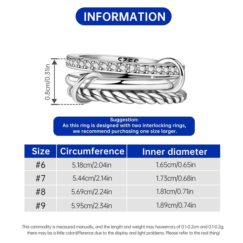 Orstarry S925 Silver Ring Fashionable and Versatile Non-detachable 3-ring For Women Birthday Jewelry Gift