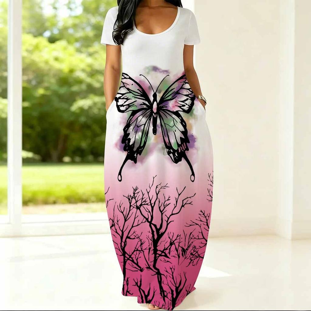 Women Crew Neck Short Sleeve Tunic Dress Plus Size Flowy Design For Summer Casual Shopping Trips