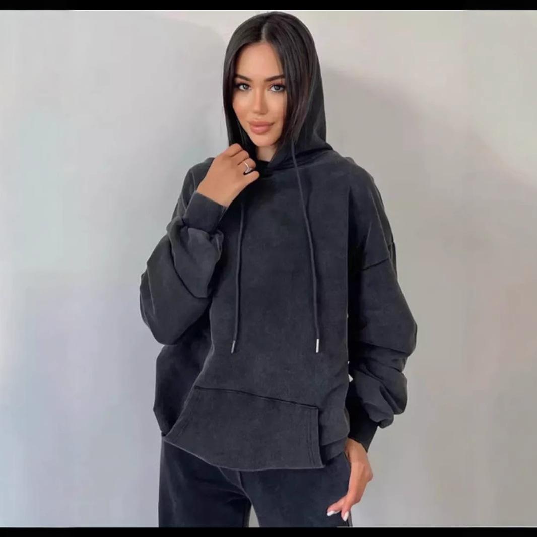 2025 European and American solid color loose sweater autumn women s hooded lazy style retro old coat S