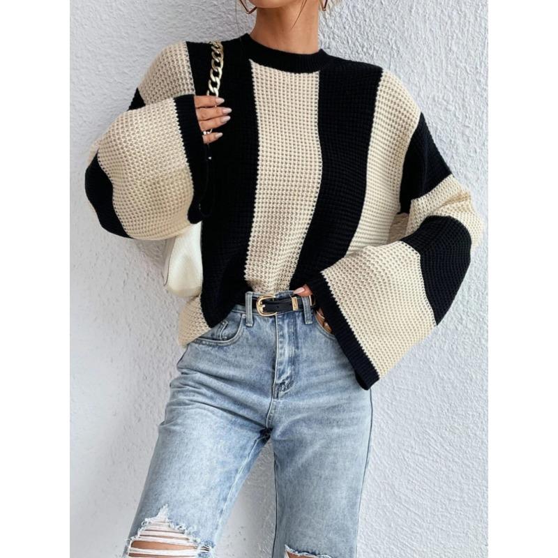 Damski Sweter Dzianinowy Casualowy w Paski Patchworkowy Okrągły Dekolt Rozszerzane Długie Rękawy Luźny Modny Dzianinowy Top Casualowy Wszechstronny Miękki Stylowy Sweter Dzianinowy Płaszcz