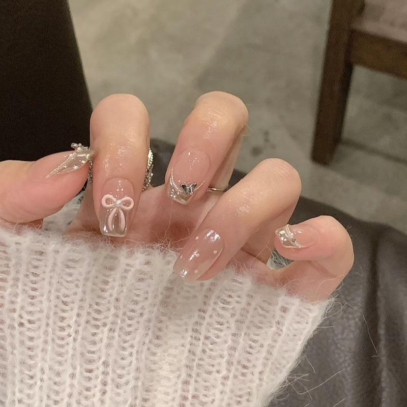 

Handmade Nude Butterfly Gel Nail Art - Summer Wearable False Nail Patches