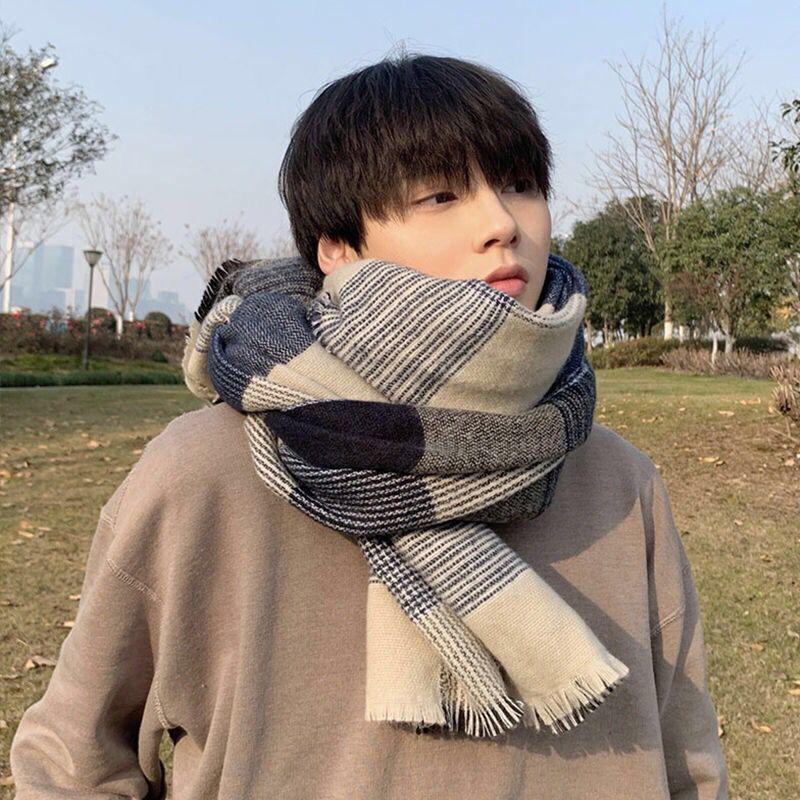 Plaid Scarf Men's Winter Korean Style Versatile Student Long Neck Warmer Birthday Gift for Boyfriend